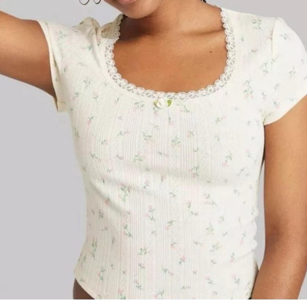 Women’s wild fable cream lace trim rosette shirt size S